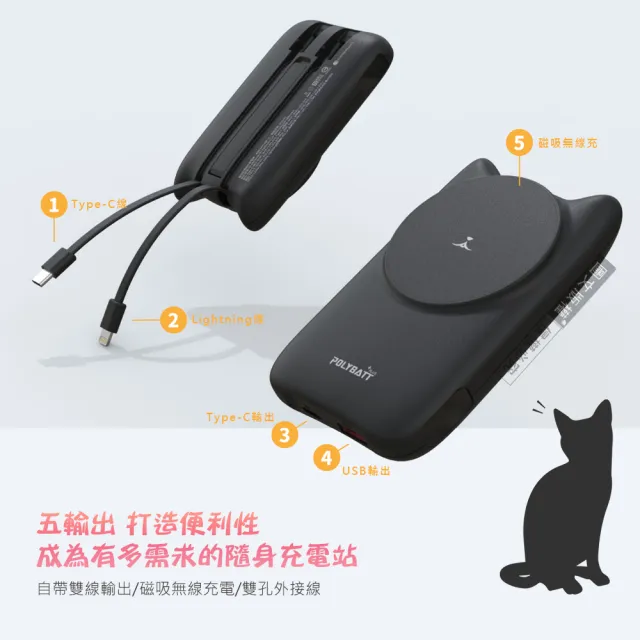 【POLYBATT】萌咪系列 10000mAh Magsafe多合一快充行動電源(磁吸無線充電/自帶線)