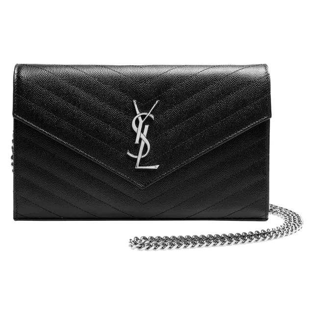 【YSL】MONOGRAM系列V字縫線魚子醬牛皮金屬LOGO銀鍊手提/肩背包(黑377828-BOW02-1000)