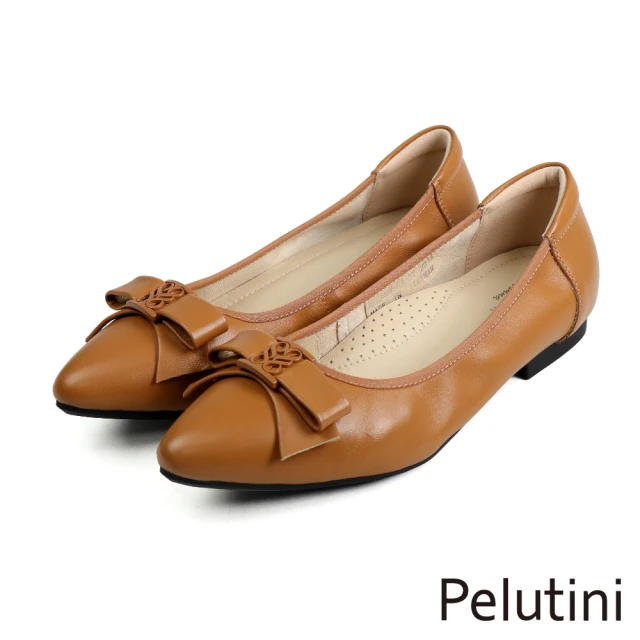 Pelutini 經典小羊皮蝴蝶結釦飾淑女低跟鞋 棕色(331026W-BR)