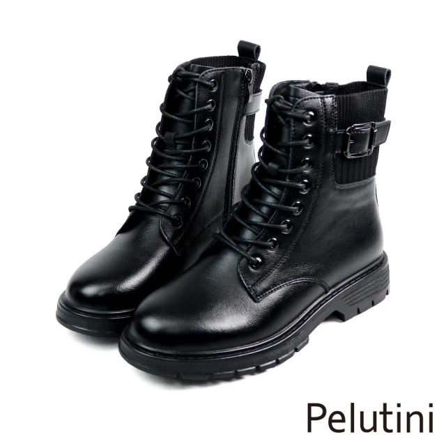 Pelutini 經典綁帶拼接襪套馬汀真皮短靴 黑色(PE2019W-BL)