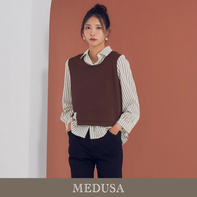 MEDUSA 曼度莎 I”care 假兩件式背心條紋襯衫 - 2色（F）｜女長袖(206-10301)