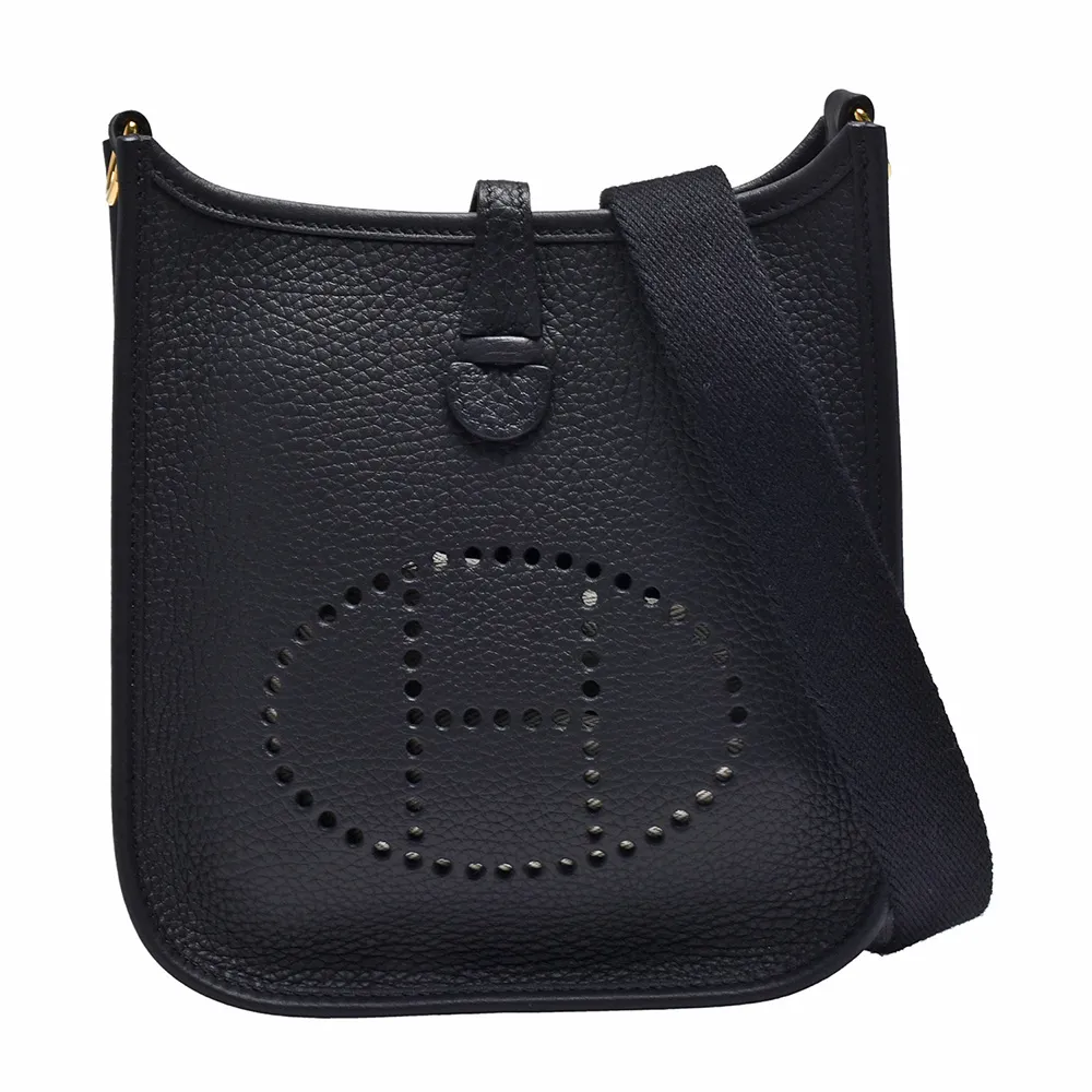 【Hermes 愛馬仕】經典Evelyne TPM系列小牛皮鏤空H LOGO肩背包(迷你-黑H069426CC-BLK)