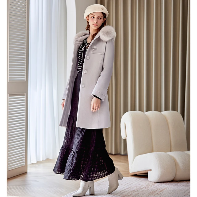 H2OH2O 日本羊毛連帽中長大衣(#3637003長版連帽大衣外套 淺灰色/淺紫色)