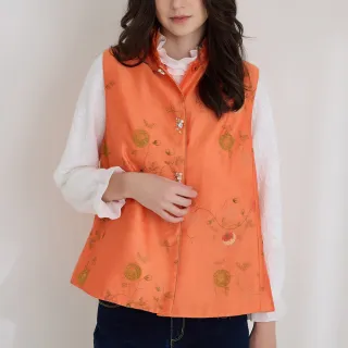 【ILEY 伊蕾】貴氣感微光刺繡蕾絲荷葉領鋪棉背心(桔色；M-XL；1223013240)