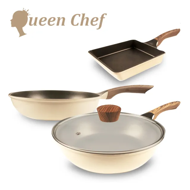 【Queen Chef】韓國Light Plus 鈦合金鑄造不沾鍋三鍋 28CM 4件組(炒鍋+平底鍋+蓋+玉子燒 交換禮物)