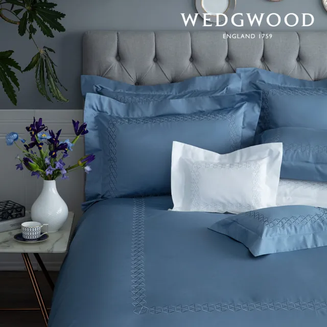 【WEDGWOOD】600織長纖棉六角菱格刺繡 鬆緊床包-雋永系列 灰瓦藍(加大)