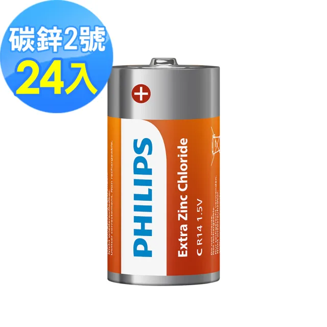 【Philips 飛利浦】2號碳鋅電池  24顆(2入*12)