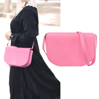 【Balenciaga 巴黎世家】VILLE 經典LOGO烙印粒紋小牛皮翻蓋斜背包(亮粉)