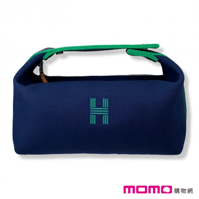 Hermes 愛馬仕 小款 帆布 手提包/收納袋/化妝包(深藍 x 綠色)