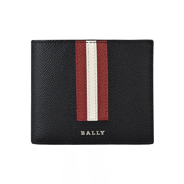 BALLY BALLY TONETT銀字LOGO牛皮5卡短夾(黑x紅白條紋)