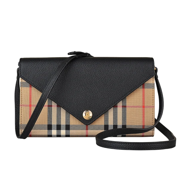 BURBERRY 巴寶莉 Burberry VINTAGE 經典壓印LOGO格紋帆布皮革12卡斜背扣式長夾(米x黑)