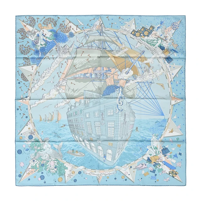 【Hermes 愛馬仕】Hermes Flagship 90 cm手工捲邊斜紋真絲方巾(天空藍/灰綠/玫瑰)
