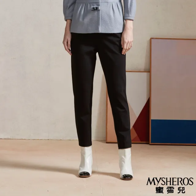 【MYSHEROS 蜜雪兒】棉質素色長褲 前釦拉鍊後鬆緊設計(黑)