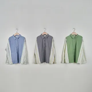 【MOSS CLUB】假兩件細條紋襯衫領長袖上衣(藍 黑 綠/魅力商品)