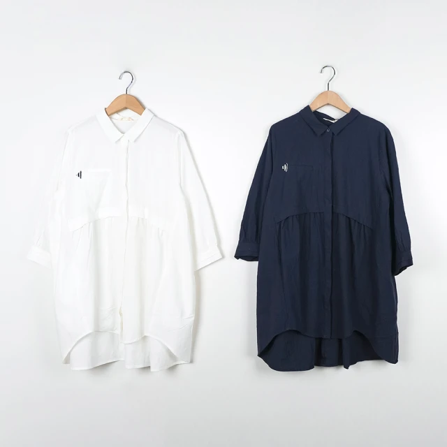 MOSS CLUB 中長版七分袖襯衫(藍 白)