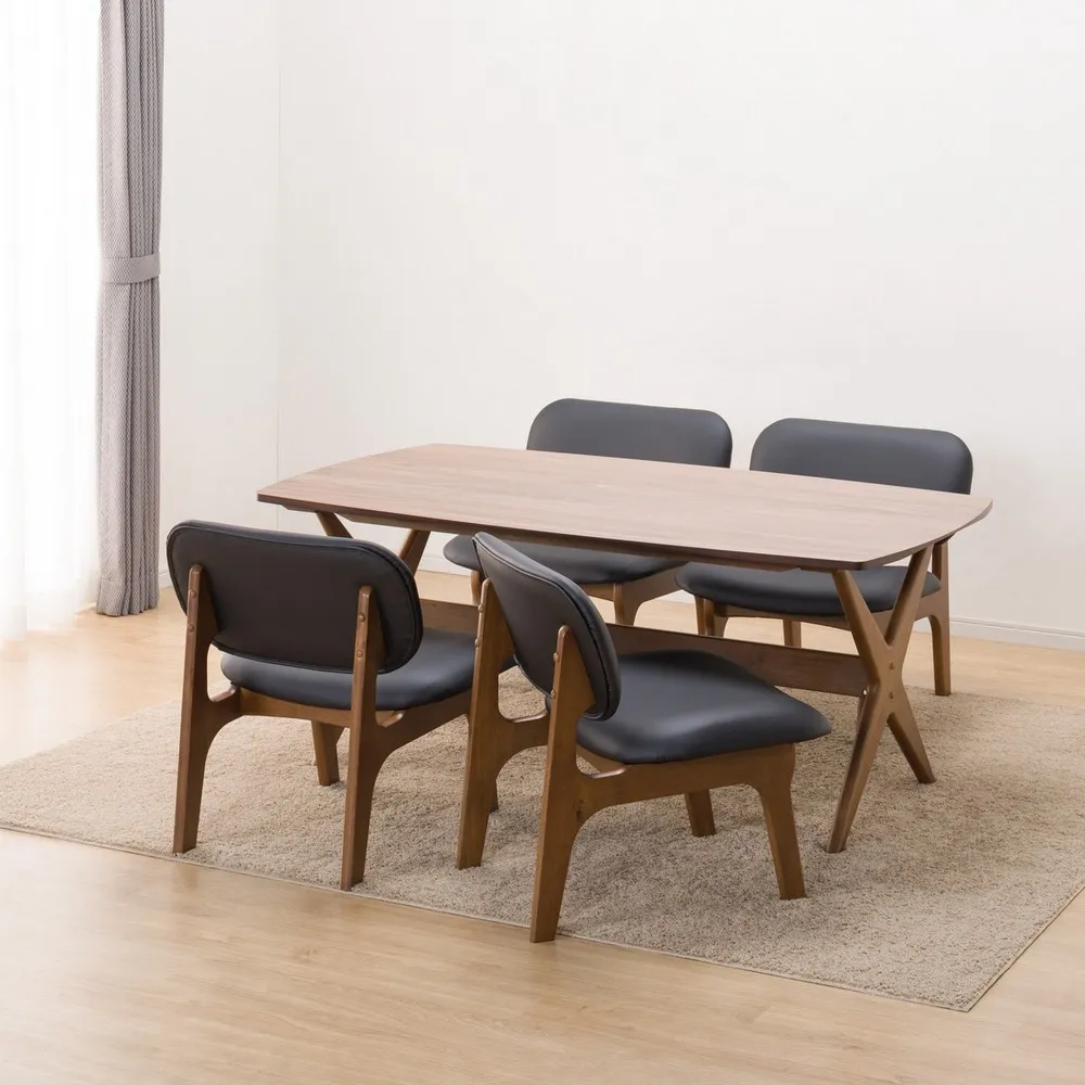 【NITORI 宜得利家居】◎耐磨耐刮皮革款 木質餐桌椅5件組 RELAX 160 WIDE NS MBR/BK