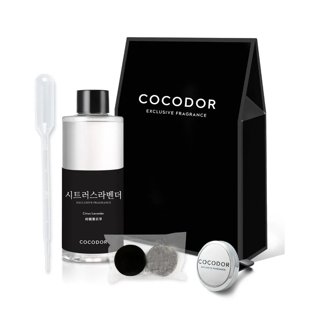 【cocodor】車用扣掛式香氛組200ml(擴香補充瓶200ml+車用金屬扣夾+圓墊6片+滴管 原廠直營)