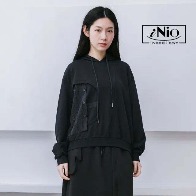 【iNio 衣著美學】長袖上衣 冬新品 現貨 拼接 抽繩 連帽上衣 長袖棉T(CCW1649)