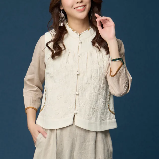 【古典美】38074刺繡雙層布短背心(茶禪服/中國風/國服/漢服/手染服/棉麻/亞麻/天然纖維)