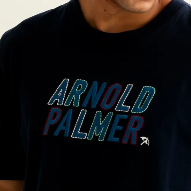 【Arnold Palmer 雨傘】男裝-撞色拼接字母刺繡T恤(深藍色)