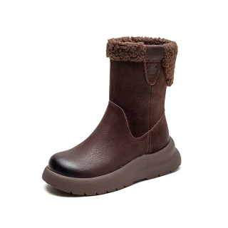 【Vecchio】真皮雪靴 厚底雪靴/真皮頭層牛皮復古加絨保暖純色厚底雪靴(棕)