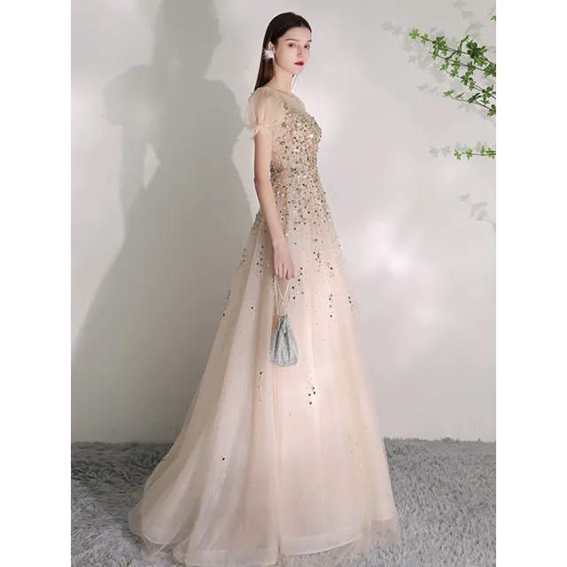 【女神婚紗禮服】韓版輕奢釘珠鑲鑽短泡泡袖小禮服PLGZ-1329金色(主持人宴會 拉鍊款禮服)