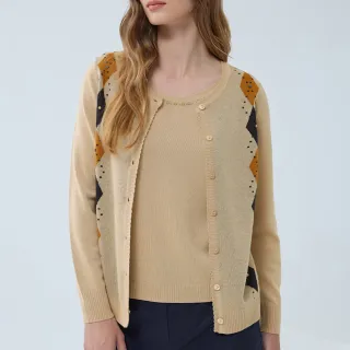 【ILEY 伊蕾】菱格提織混羊毛假兩件針織上衣(卡其色；M-2L；1234455403)