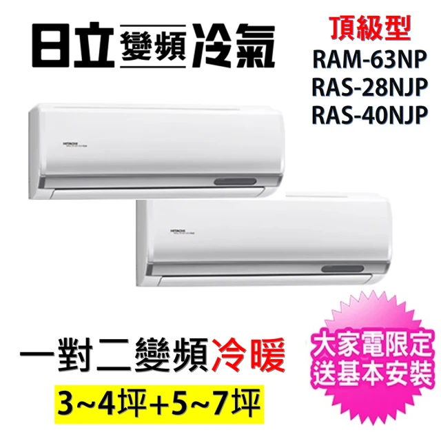 【HITACHI 日立】3-4坪+5-7坪 一對二頂級型變頻冷暖分離式冷氣(RAM-63NP/RAS-28NJP+RAS-40NJP)