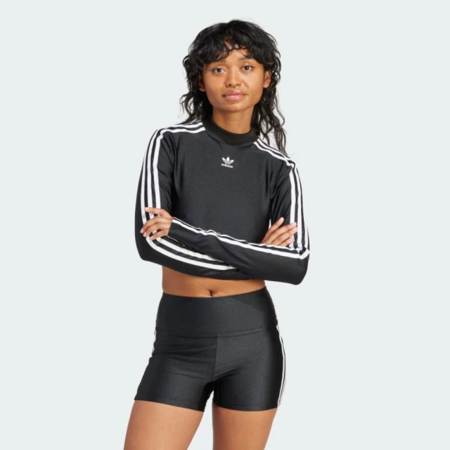 adidas 愛迪達 上衣 女款 長袖上衣 運動 三葉草 3 S CROPPED LS 黑 IU2428