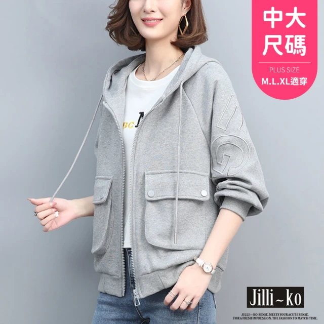 JILLI-KO 口袋壓紋衛衣女寬鬆拉鍊短款連帽外套中大尺碼-F(黑/灰)