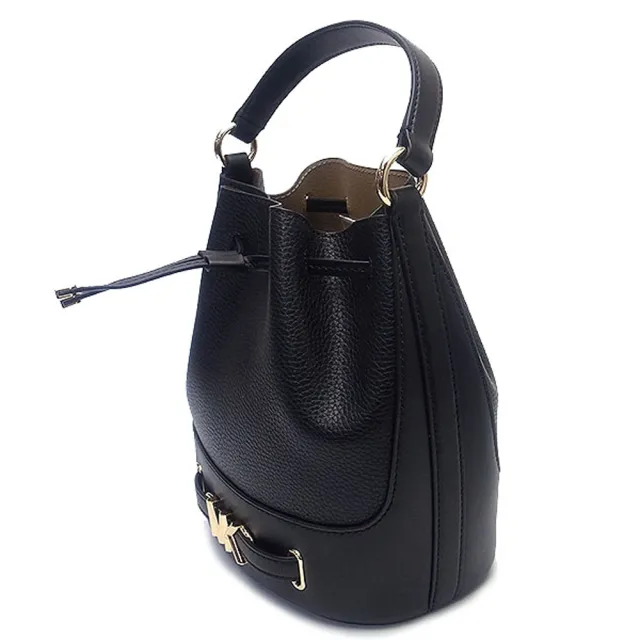 【Michael Kors】新款金屬MK LOGO全皮革手提斜背兩用水桶包(黑)