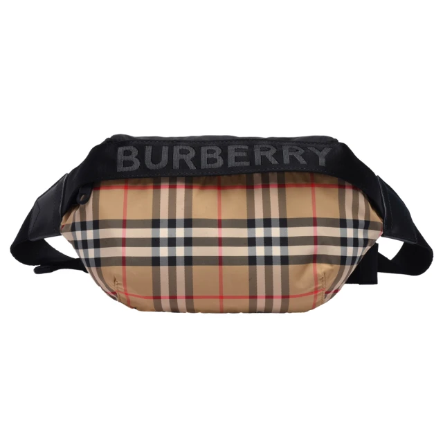 BURBERRY 巴寶莉 經典格紋帆布皮革飾邊霧面金屬拉鍊斜背/腰包(卡其8026557)