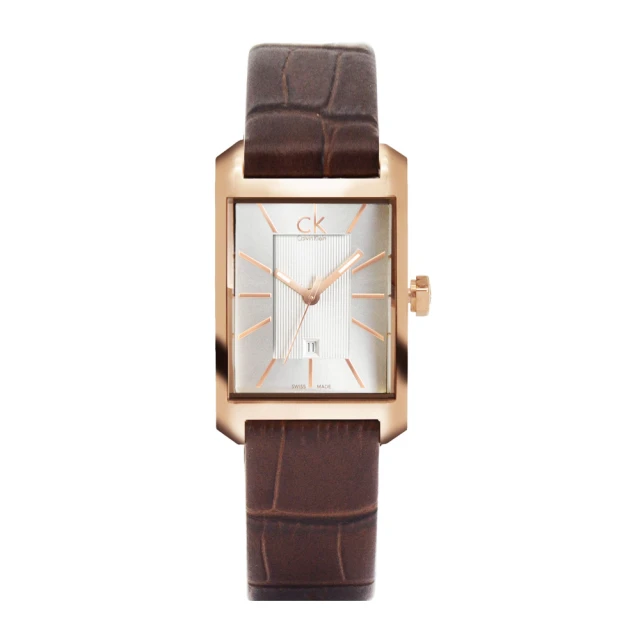 Calvin Klein 凱文克萊Calvin Klein 凱文克萊 Window系列 玫瑰金框 白面 矩形錶 棕色皮革錶帶 手錶 腕錶 CK錶(K2M23620)