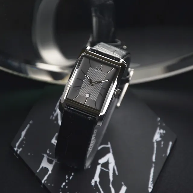 【Calvin Klein 凱文克萊】Window系列 銀框 黑面 矩形錶  黑色皮革錶帶 手錶 腕錶 CK錶 母親節(K2M23107)