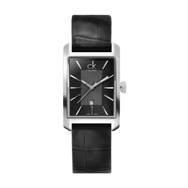 【Calvin Klein 凱文克萊】Window系列 銀框 黑面 矩形錶  黑色皮革錶帶 手錶 腕錶 CK錶 母親節(K2M23107)