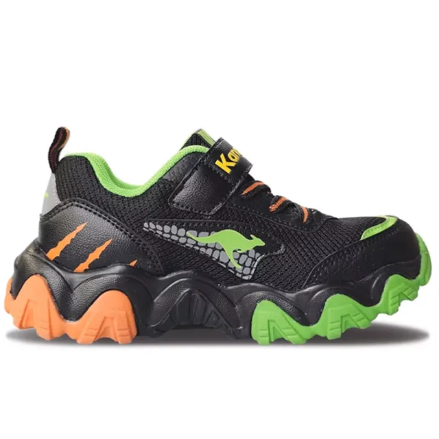 【KangaROOS】美國袋鼠鞋 童鞋 DINO 恐龍系鋸齒運動鞋 黑綠橘(KK41331)