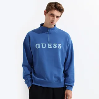 【GUESS】男裝 極簡搭配 落肩 字體 LOGO 拉鍊 開襟 合身 運動 休閒 造型上衣 造型上衣(藍)