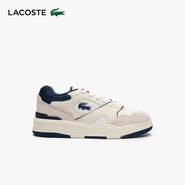 LACOSTE 男鞋-Lineshot 皮革標誌運動休閒鞋(白/海軍藍色)