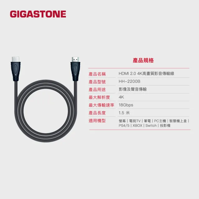 【GIGASTONE 立達】HDMI 2.0 4K 60Hz螢幕影像傳輸線(HDR動態圖像/兼容性高/18Gbps/零延遲)