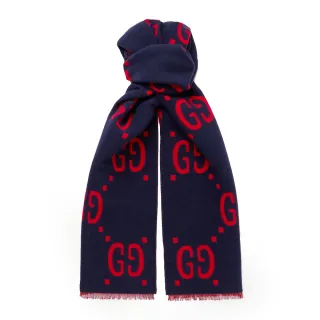 【GUCCI 古馳】495592 經典GG大LOGO雙色羊毛圍巾/披巾(藍色)