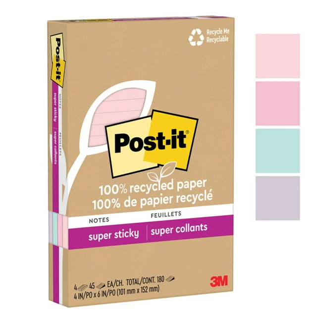 3M Post-it 利貼 狠黏 環保橫格便條紙 101x152mm（45張 /本）混色4本 /盒 4621R-4SSNRP