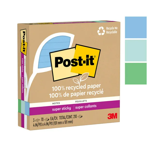 【3M】Post-it 利貼 狠黏 環保橫格便條紙 101x101mm（70張 /本）混色3本 /盒 675R-3SST