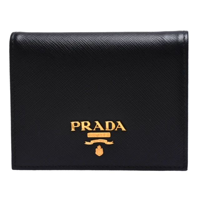 PRADA 普拉達 SAFFIANO METAL系列品牌金色浮雕LOGO防刮牛皮暗釦短夾(黑1MV204-SAFFIANO METAL-NERO)