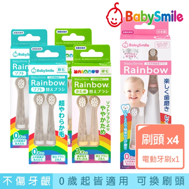 日本BabySmile 兒童電動牙刷頭替換組2只/組x4 + 日製S-204兒童電動牙刷 粉x1(活動組合優惠賣場)