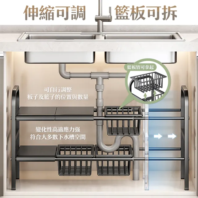 【居家cheaper】可調式下水槽伸縮置物架(流理臺置物架/廚房收納架/伸縮置物架/洗手台架/伸縮架)