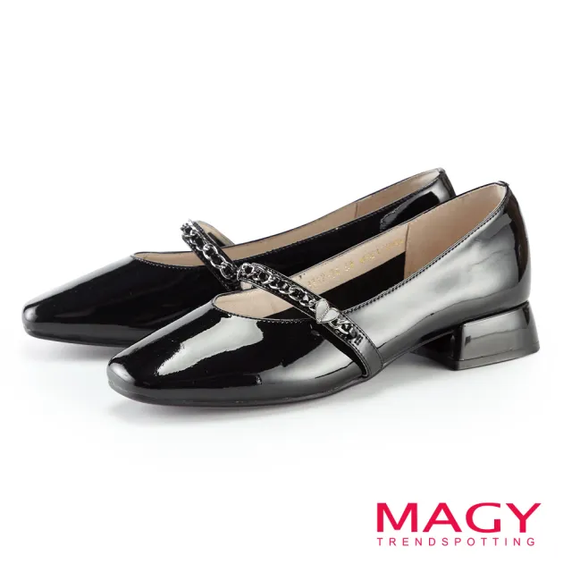 【MAGY】心型鍊條牛皮低跟瑪莉珍鞋(鏡黑)