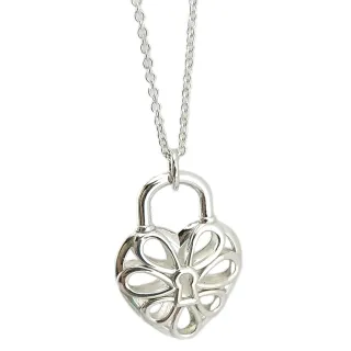 【Tiffany&Co. 蒂芙尼】925純銀-立體雕花愛心鎖頭墜飾項鍊