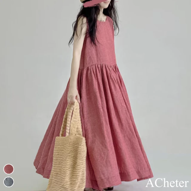 【ACheter】複述色織棉麻圓領超大擺寬鬆無袖背心連身裙舒爽透氣格子長版洋裝#117739(黑/紅)