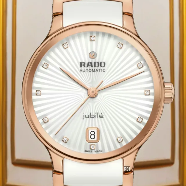 【Rado 雷達表】最新35㎜ Centrix晶萃真鑽機械錶 白陶瓷玫瑰金-加上鍊機＆5豪禮 R01(R30037744)