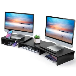 【Ermutek 二木科技】多功能桌上型雙螢幕增高架/可調式電腦螢幕收納架/桌上收納螢幕置物架(黑色/SR-001-B)